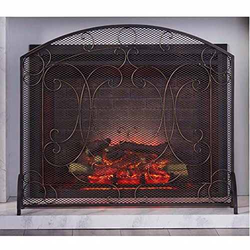 INKCOR Funkenschutzgitter Einteiliger Kamin-Funkenschutz, Antik-Bronze-Ofenvorhang für Flammenöfen/Kohlefeuer, Schmiedeeisengitter, 92×78cm