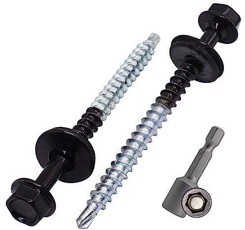 SKIR'CO (50 Stück) lackierte Dachschrauben 4,8 x 60 mm, Sechskantkopf, selbstbohrende Schrauben mit EPDM-Unterlegscheiben (Tiefschwarz, RAL 9005)