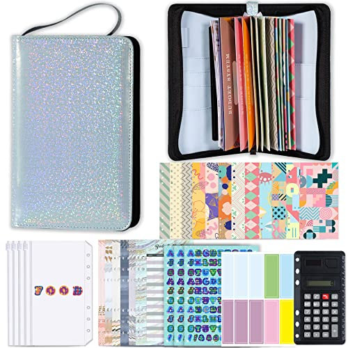 Classeur de budget A6 avec fermeture à glissière, organiseur d'argent, portefeuille d'enveloppe de trésorerie, 4pochettes en PVC, enveloppe 12 couleurs, mini-calculatrice (Bleu)