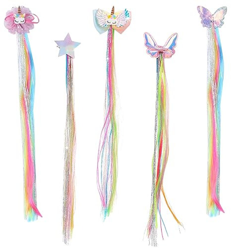 Fhioevt 5 Stück Locken Haarverlängerung Clips Bunte Haarsträhnen Kinder Stern Einhorn Bogen Prinzessin Haarspangen Mädchen Haarschmuck Bunte Haarteil Synthese Party Ankleiden für DIY Haar