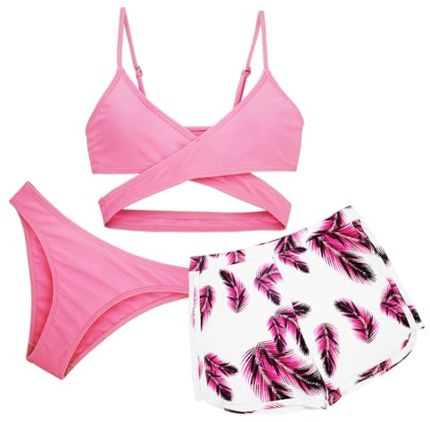 Panegy Ragazze Costume da Bagno 3 Pezzi Rapida Asciugatura Estate Tankini Set Beach Hawaiian Costume da Bagno con Copertura Pantaloncini Bikini Costumi da Bagno Rosa 8-9 Anni