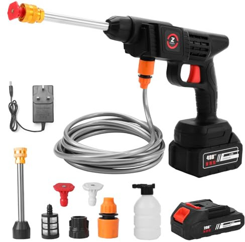 Cordless Portable Pressure Washer, 21V/32 Bar Power Washer with Battery and Rapid Charger, 6 In 1 Nozzle, Pressure Cleaner for for Patio Cleaning and Car (10000mah)