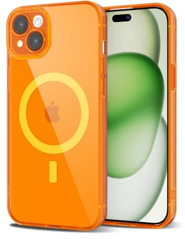 Svanove for iPhone 15 Case Clear Compatible with Magsafe, Fluorescent Transparent Magnetic Magnet Mag Case, Slim Thin Bright Silicone Grip & Shockproof Bumper Camera Cover, Neon Orange