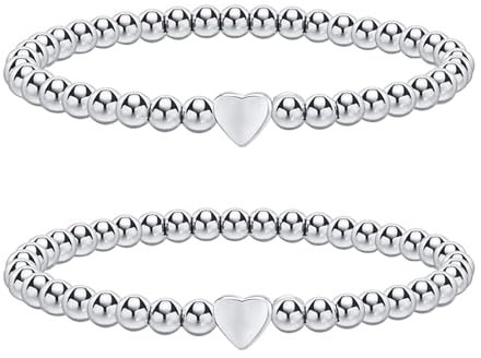 ZIGefofo 2 Stück Elastisches Kugelarmband Edelstahl Armband Herz Silber Kugeln Armkette Stretch Armband Damen Freundschaftsarmband Schmuck Geschenk für Mädchen Frau Freundin