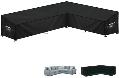 LAMUNI Gartenlounge Abdeckplane L-Form Loungemöbel Schutzhülle für Loungesofa Plane Loungemöbel l Form 420D Oxford Wasserdicht Abdeckung Gartenmöbel L Form Ecksofa Abdeckhaube, 300x210x102x80/60cm