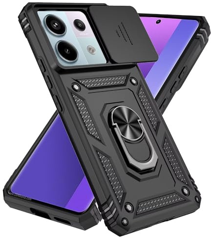 Jeelar ESONG Funda para Xiaomi Redmi Note 13 5G Armor Carcasa Protectora de Militar con Cubierta de Cámara Deslizante&Giratorio Anilla Soporte,Negro