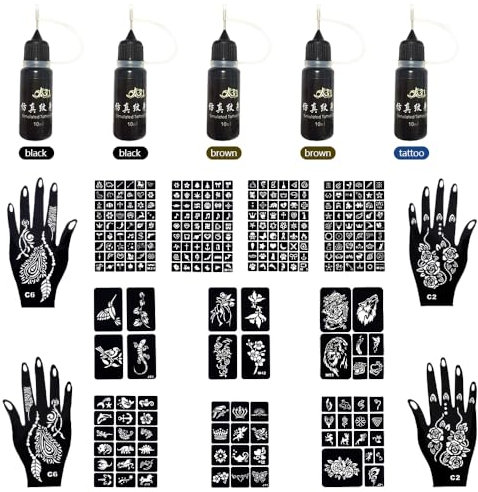 Henna Tattoo Kits 5 Inks 14Blatt Henna Schablonen Glitter, Natural Henna Paste Kegel, Henna Braun Sommersprossen für Frauen Mädchen Hände Finger Körperbemalung Hochzeit