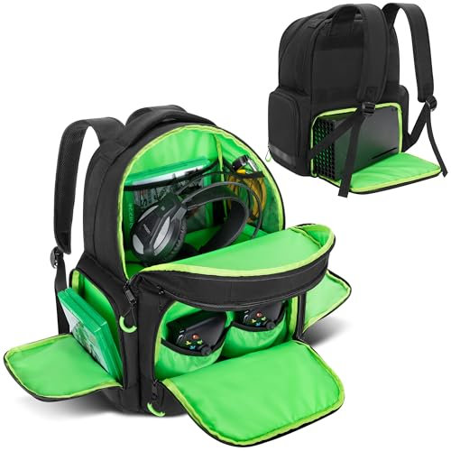 PGmoon Rucksack Kompatibel mit Xbox Serie X/S Konsole, Tasche mit Separatem Stauraum für Konsole, Headset, Controller, Mehrere Taschen für Zubehör (Patent Design)
