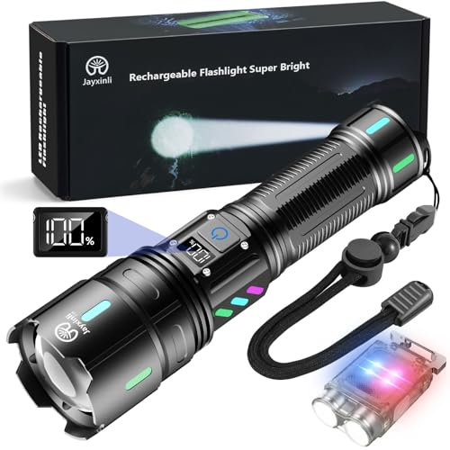 Jayxinli Torches LED Super Bright 900000 Lumen Rechargeable with 5000mAh Battery and LCD Power Display, High Powered, 5 Light Modes, Zoomable, IPX7 Waterproof for Camping, Dog Walking, Emergency
