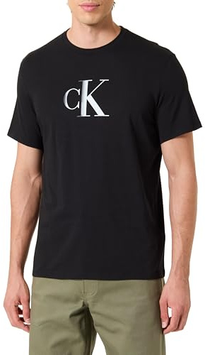 Calvin Klein Herren T-Shirt Kurzarm Center Monogram Classic aus Baumwolle, Schwarz (Black), L