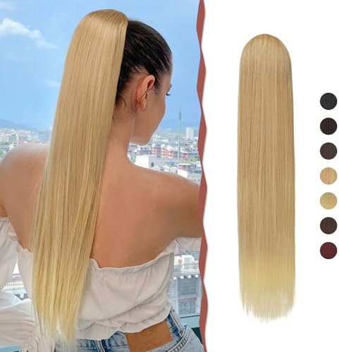 Sofeiyan Pferdeschwanz Haarteil Haarverlängerung mit Kordelzug 60cm Langer Gerade Zopf Pferdeschwanz Natürlicher Weicher Haarverlängerung Synthetische Ponytail Extension Frauen,Blond bis Cremig Blond