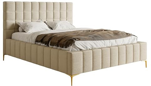 Selsey Bett Polsterbett Doppelbett 160 x 200 cm Mit Bettkasten Metallrahmen Goldene Beine Gasdruckfeder Schlafbett Chenille Beige Szejlo