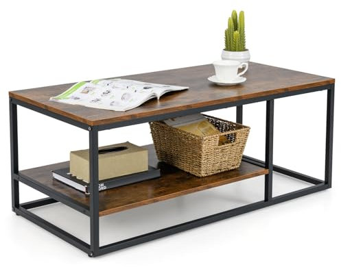 COSTWAY 2-Tier Coffee Table, Industrial Cocktail Center Table with Storage Shelf, Metal Frame Wooden Rectangle Accent Sofa Side Tea Table for Living Room, Bedroom and Office, 105x50x42cm, Rustic Brown