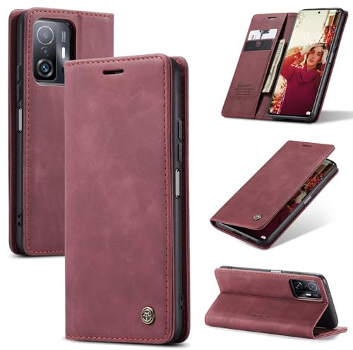 SLWYF Handyhülle für Xiaomi 11T/Xiaomi 11T Pro Hülle Premium Lederhülle Klappbar Flip Case Tasche Magnet Kartenfach Standfunktion Klapphülle Schutzhülle für Xiaomi 11T/Xiaomi 11T Pro, Rot