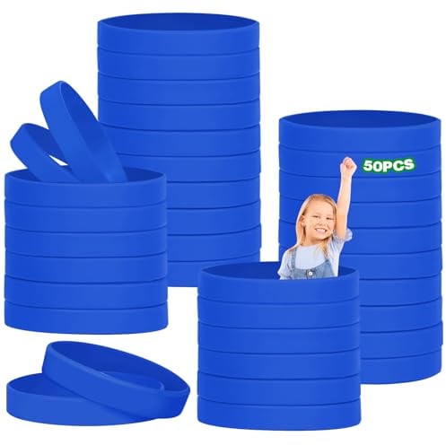 HONTIUS 50PCS Silicone Wristbands for Kids, Rubber Wristbands Blank Wrist Bands Universal Wristband Set Bulk for Teens Sport Suitable for 3-7 aged Blue