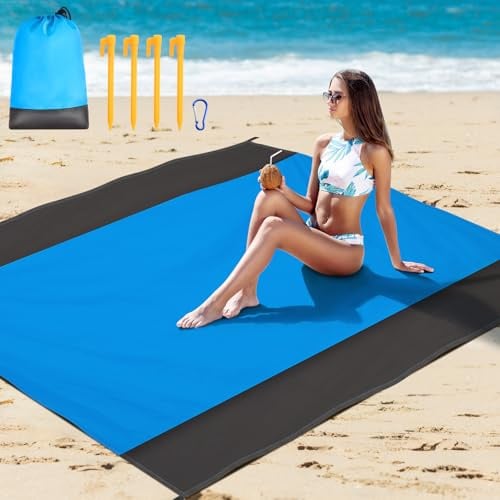 Stranddecke Sandfrei Strandtuch XXL 210x200 cm, Picknickdecke | Sandfreie & Sandfeste Strandmatte für Strand, Camping, Picknick, und Outdoor-Aktivitäten - Leicht (Blau)
