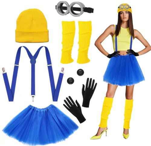 Carreuty 7 PCS Gelbes Karneval Kostüm for Erwachsener，Enthalten Goggles Hut Handschuhe Beinsocken Knopf Röcke, Weltlesetag Party Karneval Faschingskostüme für Damen Herren