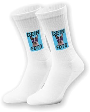 NIMAMA Damen & Herren Socken bedrucken lassen mit eigenem Foto - Unisex Tennissocken als Geschenk - Weiße Sportsocken mit lustigem Logo Statement - Weiß/Weiß 36/41