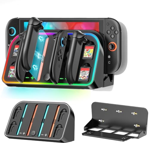 Joycons Ladestation für Nintendo Switch 2, Switch 2 Wandhalterung mit Ladegerät, Joycon 2 Controller Ladestation mit 7 RGB-Licht & 4 Spielsteckplätze, Wall Mount Kit Kompatibel mit Nintendo Switch 2 ﻿