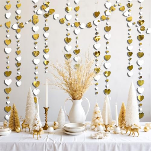 FloraVigo 52 Ft goldene Herzgirlande, 4 Stück 4 m Hochzeitsgirlanden, Hochzeitsdekorationen, hängende Papiergirlande für Jahrestag, Goldene Hochzeit, Verlobung, Jubiläum, Partydekorationen