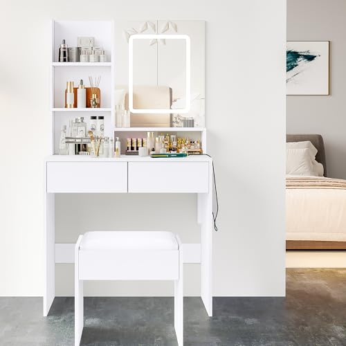 Komtopod Dressing Table with Mirror and Stool, Small Vanity Table with Charging Station, Makeup Desk with Adjustable Brightness Led Lights 2 Drawers and Open Shelves for Bedroom Dressing Room