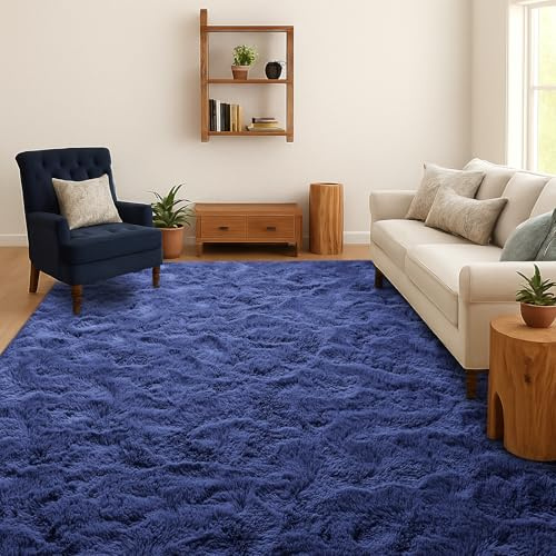 SOANNY Teppich Wohnzimmer Waschbar Anti-Rutsch 140x200 cm, Marineblau | Hochflor, Langflor, Shaggy, Flauschig, Weich, Einfarbig, Pflegeleicht, Für Wohnzimmer Schlafzimmer Kinderzimmer Büro Bett