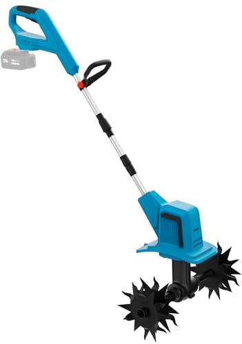 Akku-Bodenhacke Gartenfräse, 550W Motorhacke, 20cm Arbeitsbreite, 15cm Arbeitstiefe, 4x12 Zähne Stahlklingen, 2-Punkt-Sicherheitsschalter, Bodenfräse für klein Beet & Garten (Ohne Batterie)