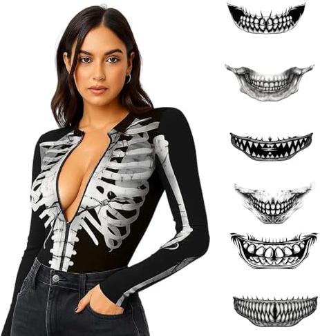 Halloween Skelett Kostüm Damen Set XL mit Gesichtstattoos – Gruseliges Sexy Jumpsuit Vampir Cosplay Body für Erwachsene + Temporäre Tattoo Aufkleber für Gesicht Halloween Karneval Horror Party
