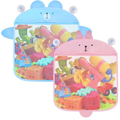 LuckyOpt 2Pcs Bad Spielzeug Aufbewahrung, Bad Aufbewahrungstasche mit Saugtasche Haken, Bad Spielzeug Mesh Tasche Ideal für die Familie Badezimmer (Blau + Rosa)