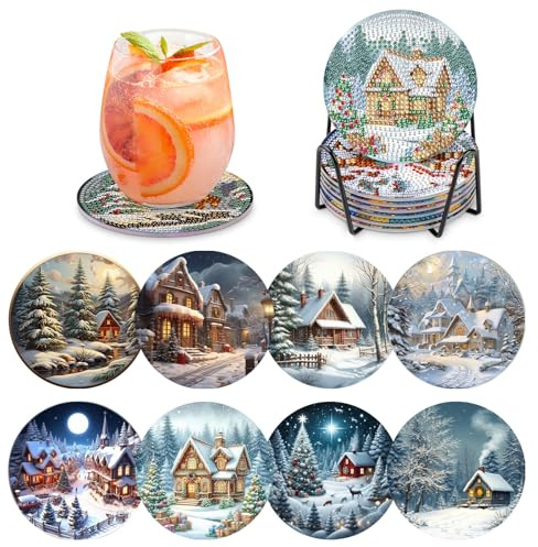 MOGTAA Peinture Diamant Dessous de Verre, 8PCS Kit Diamond Painting Noël, DIY Paysage sous-Verres Art de Diamant avec Support, Kits de Peinture Diamant pour Adulte Enfants