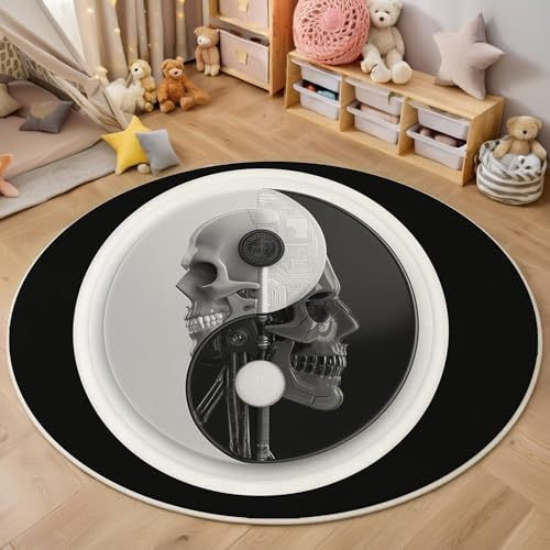 ZISTRCBAO Yin-Yang-Schädel Kurzflor Teppich Rund, Gotischer Stil Wohnzimmerteppich, Schwarz Runder Teppich 100cm Round Eingangsbereich Waschbar Weich for Wohnzimmer Schlafzimmer Studie Heimbüro