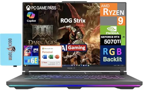 ASUS ROG Strix AI Gaming Laptop 16.0 165Hz IPS WUXGA Display (AMD Ryzen 9 8940HX, GeForce RTX 5070 Ti 12GB, 64GB DDR5, Win 11 Home) w/MS 365 Personal, DKZ USB Port Expander