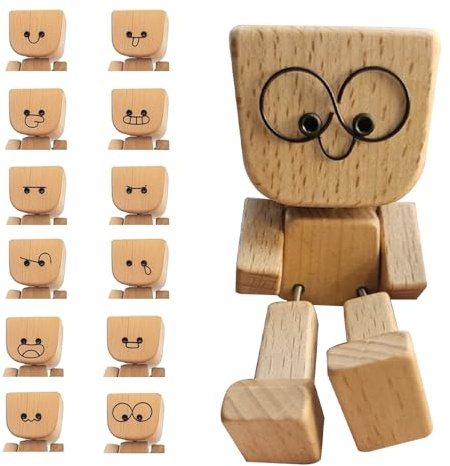 Gobesty Wackelnder Holzmann, Wackelfigur Auto Holzfiguren, Holz Auto Zubehör Innenraum mit 12 Lustige Austauschbare Ausdrücken, Wackelnde Holzfigur für Armaturenbrett Dekoration