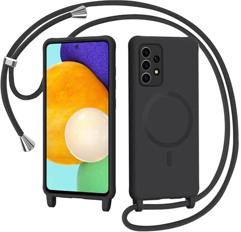 AOMYKE Coque Magnétique pour Samsung Galaxy A52 / A52S / A52 5G avec Cordon, Compatible avec MagSafe Collier Étui Silicone avec Tour de Cou Lanière en Corde Souple TPU Antichoc Housse, Noir