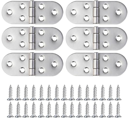 Confezione da 6 Cerniere Pieghevoli in Acciaio Inox, 8x3.1 cm, 180 Gradi (Include 36 Viti in Acciaio Inox), Adatte per Tavoli Pranzo Pieghevoli, Armadi, Guardaroba, Scatole Legno e Assi (Argento)