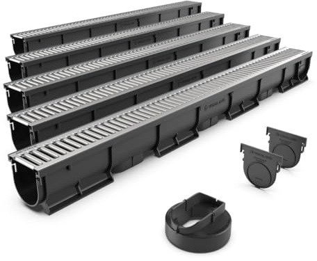 VODALAND - Canaleta de Drenaje Easy 1 con Rejilla de Acero INOXIDABLE - Kit de 5 Metros | Drenaje Eficiente y Estético para Jardines, Terrazas y Áreas Exteriores | Solución Perfecta para tu Espacio