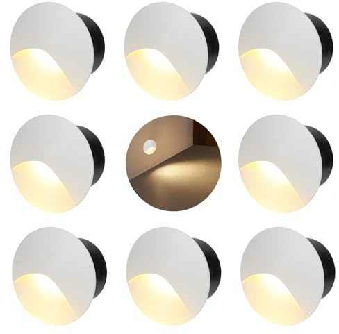 Treppenlicht Treppenbeleuchtung rund 3W Treppenleuchte warmweiß 3000K IP44 | Stufenbeleuchtung innen Wandeinbauleuchte treppe mit Unterputzdose Aluminium wasserdicht, 230V, 8 Stücke, weiße Schale