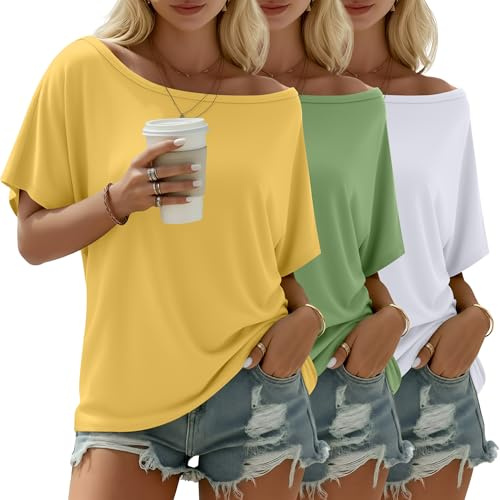 Riyiper Paquete de 3 Camisetas de Mujer con Hombros Descubiertos, Blusas holgadas y fluidas de Manga Corta, Camisetas Verano(Amarillo, Verde Hierba, Blanco,M)