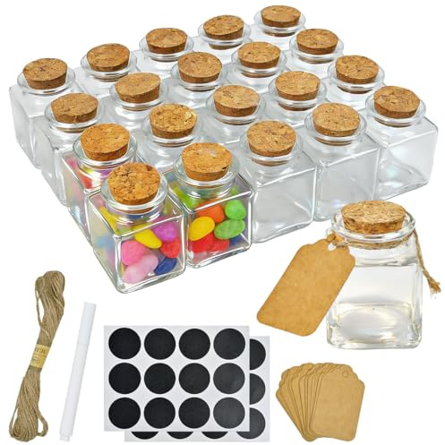 ASOUUNLD 20 Piezas Botellas Pequeñas de Cristal 50ml, Tarros de Cristal con Tapón de Corcho con Etiquetas, Pegatinas y Cordel, Frascos de Vidrio para DIY Decora, Regalos Bodas, Especias de Cocina