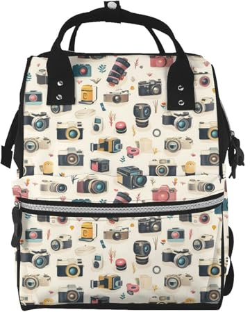 Nevjipu Wickeltasche für Babypuppen, Retro-Kamera-Druck, modisch, taktischer Säuglingsrucksack, Reisen, Wandern, Kleinkind, Tragetasche, Stillwindeltaschen für Vater, Mutter, Damen, Herren