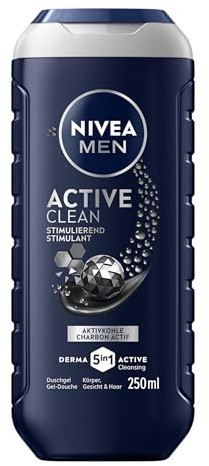 NIVEA MEN Active Clean Duschgel, pH-hautneutrale Pflegedusche für Männer mit stimulierendem Duft, Formel mit Aktivkohle für Körper, Gesicht und Haar (250 ml)
