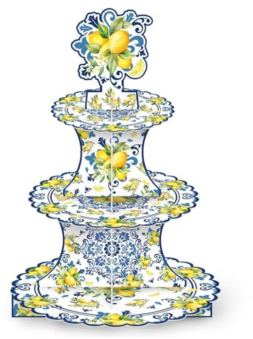 FloralGrace 3 Etagen Capri Zitrone Cupcake Ständer Italien Blaue Fliesen Dessert Turm Amalfiküste Party Deko Italienische Zitronen Sommer Cupcake Halter Mittelmeer Deko
