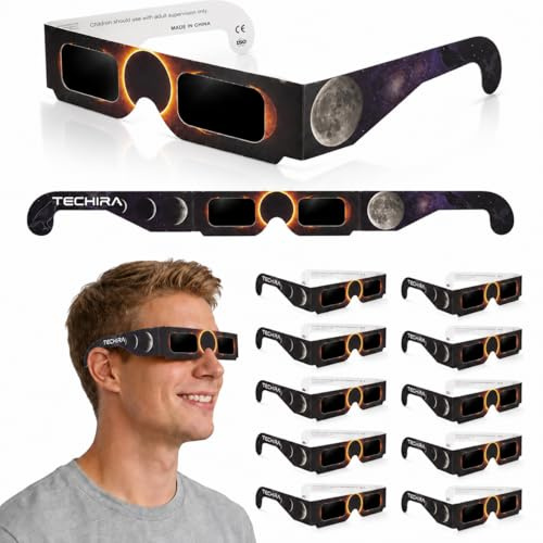 TECHIRA Sonnenfinsternisbrille CE Zertifiziert EN ISO 12312-2, 12er Pack Sonnenfinsternis Brille 2026 für Deutschland, Schutzbrille mit Smartphone-Filter, für Erwachsene & Kinder (Schwarz)