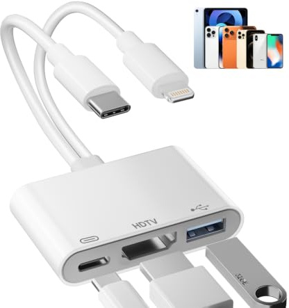 Suejezt Adattatore USB-C e Lightning a HDMI con USB per iPhone/iPad, MFi | 2 in 1 Adattatore USB-C e Lightning Digital AV con Porta Ricarica per iPhone/iPad a HDTV/Monitor, USB 2.0 per Tastiera/Mouse