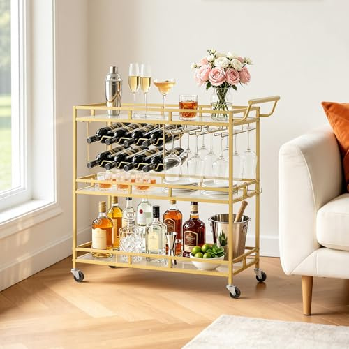VEVOR Desserte Bar, Chariot de Service à 3 Niveaux, pour Rangement Vins Ustensiles Cuisine Salon, Bar Roulant avec Plateau en Verre Trempé, Range-Bouteilles et Porte-Verres, Chariot à Boissons Doré