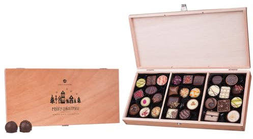 CHOCOLISSIMO - Schokolade Geschenk - 30 Pralinen ohne Alkohol - im Holzkästchen - Weihnachtsschokolade, Geschenk zu Weihnachten, alkoholfrei - für Kinder, Frauen, Männer, Mama, Papa - Merry Prestige