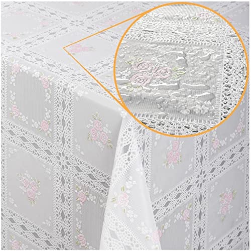 ANRO Tischdecke Lace Vinyl Wachstuch Häkel Spitze Optik Wasserfest Blumen Karo Rosa/Weiß 100x138cm
