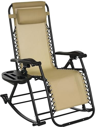 Outsunny Garden Rocking Chair Folding Recliner Outdoor Adjustable Sun Lounger Rocker Zero-Gravity Seat with Headrest Side Holder Patio Deck - Beige