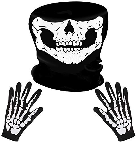 LYTIVAGEN Schädel Gesichtsmaske mit 1 Paar Skelett Handschuhe Skull Schlauch Maske Skelett Motorrad Gesichtsmaske für Halloween, Party Kostüm, Outdoor Aktivitäten