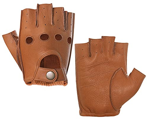 Harssidanzar Herren Halbfinger Lederhandschuhe für fahren Fingerlose Hirschleder ungefüttert Handschuhe GM005A, Bräunen, Größe XL
